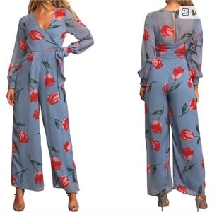 Lulus Chiffon Jumpsuit Wide Leg Floral Tulip As Time Grows By Retro Lounge XS
